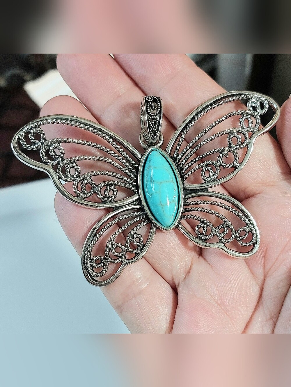 Silver Butterfly Pendant with Blue Stone - Women Jewelry